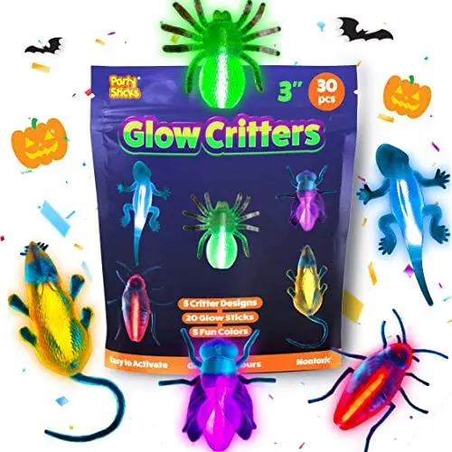 PartySticks Glow Critters 30pk Glow in The Dark Bug Toys and Glow Sticks - 3 Inch Fake Bugs Party Favors, Halloween Glow in The Dark Party Decorations - 10 Light Up Fake Toy Bugs, 20 Mini Glow Sticks PartySticks Glow Critters 30pk Glow in The Dark Bug Toys and Glow Sticks - 3 Inch Fake Bugs Party Favors, Halloween Glow in The Dark Party Decorations - 10 Light Up Fake Toy Bugs, 20 Mini Glow Sticks