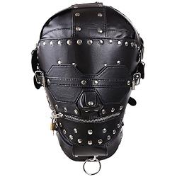 Leather Bondage Gimp Mask Hood, Black Full Face Blindfold Breathable Restraint Head Hood, Sex Toys, for Unisex Adults Couples, BDSM/LGBT Fetish Hood (Black(Full Face Hood))