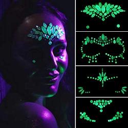 4 Pack Night Luminous Face Gems Stickers Glow in Dark Temporary Tattoos Rhinestones Stickers Colorful Self Adhesive Glitter Resin Jewels Eye Forehead Sparkly DIY Makeup Party Balls Beauty Decors Kits