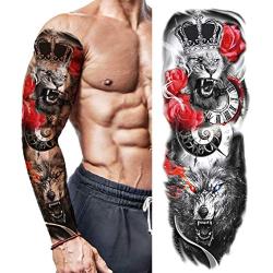 Full Arm Temporary Tattoos Extra Large Big Fake Body Tattoos Sticker for Adults Men Women, 12 Sheets Sleeve Waterproof Tattoo Lion Skull Stickers for Party Masquerade Halloween (QBXL)