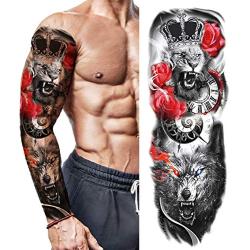 Full Arm Temporary Tattoos Extra Large Big Fake Body Tattoos Sticker for Adults Men Women, 12 Sheets Sleeve Waterproof Tattoo Lion Skull Stickers for Party Masquerade Halloween (QBXL)