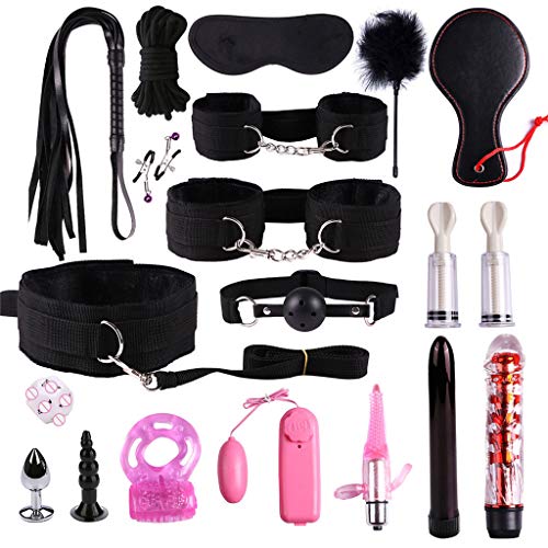 Chinaware T-Shirt 19PCS Adult Handcuffs Bed Straps Set Kit,Whip Rope Suit