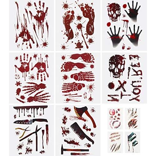 DUOFIRE Halloween Decorations Bloody Footprint Handprint Weapons Floor Window Wall Sticker and Wound Tattoos for Halloween Party Horror Decal 12 Sheets
