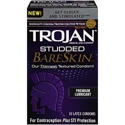 Trojan Studded BareSkin with Brass Lunamax Pocket Case, Premium Ribbed Latex Condoms-10 Count