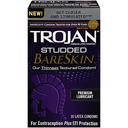 Trojan Studded BareSkin with Brass Lunamax Pocket Case, Premium Ribbed Latex Condoms-10 Count Trojan Studded BareSkin with Brass Lunamax Pocket Case, Premium Ribbed Latex Condoms-10 Count