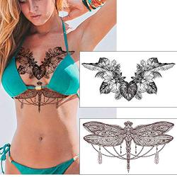 glaryyears 6 Sheets Black Underboob Tattoo for Women, Flower Bird Dragonfly Butterfly Leaf Designs Temporary Tattoo Stickers on Chest Waist Waterproof Body Art 5.4x9.45”