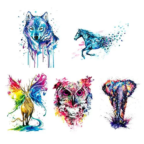 5 Sheets Watercolor Body Temporary Tattoo Sticker Wolf Elephant Picture Design Leg Arm Art Sexy 5 Sheets Watercolor Body Temporary Tattoo Sticker Wolf Elephant Picture Design Leg Arm Art Sexy