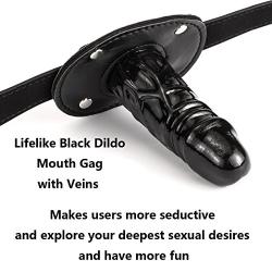 Yove Lockable Realistic Dildo Penis Mouth Gag with Lock Adjustable Bondage Leather Strap On BDSM Adult Sex Toy Black