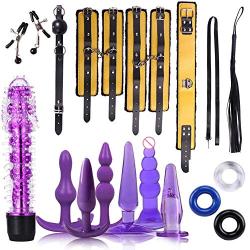 JIAWEIDAMAI Sm Set Leather Handcuffs, Footcuffs, Anal Plug, Vibrator Dildo Adult Game Erotic Toy Fetish Bondage Bundled Binding Set