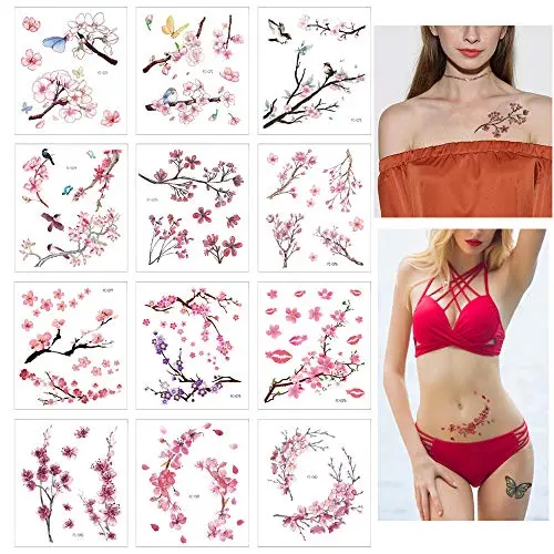 12 Sheets Cherry Blossoms Temporary Tattoo Sticker for Women Body Art in Spring Summer 12 Sheets Cherry Blossoms Temporary Tattoo Sticker for Women Body Art in Spring Summer