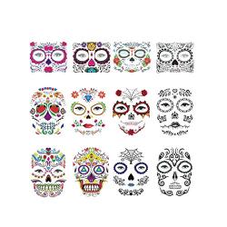 12Pcs Halloween Face Tattoo Stickers Day Of The Dead Makeup Kit Sugar Skull Temporary Face Tattoo for Halloween Masquerade Party, Fashion Floral Skeleton Pattern