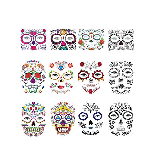 12Pcs Halloween Face Tattoo Stickers Day Of The Dead Makeup Kit Sugar Skull Temporary Face Tattoo for Halloween Masquerade Party, Fashion Floral Skeleton Pattern