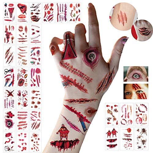 LessMo Halloween Temporary Tattoos, 30 Sheet Tattoo Stickers with Fake Bloody Scar, Wound Injury Body Stickers, Waterproof, Realistic, for Halloween Party, Masquerade, Prank, Makeup Props