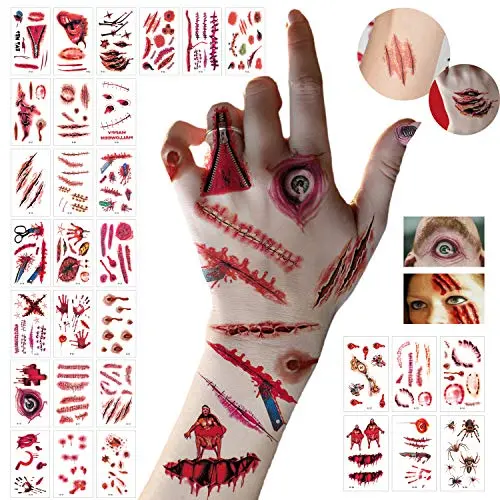 LessMo Halloween Temporary Tattoos, 30 Sheet Tattoo Stickers with Fake Bloody Scar, Wound Injury Body Stickers, Waterproof, Realistic, for Halloween Party, Masquerade, Prank, Makeup Props LessMo Halloween Temporary Tattoos, 30 Sheet Tattoo Stickers with Fake Bloody Scar, Wound Injury Body Stickers, Waterproof, Realistic, for Halloween Party, Masquerade, Prank, Makeup Props