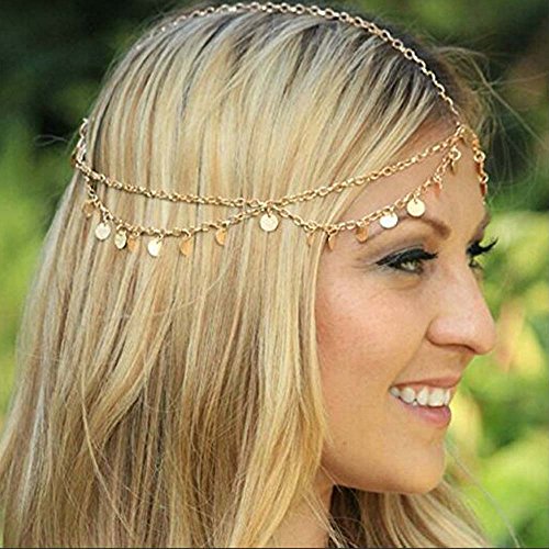 Aukmla Gold Small Coins Hair Chain Boho Festival Wedding Headpiece Head Chain Spring Summer Christmas Headchain Gold Hair Jewelry for Women and Girls