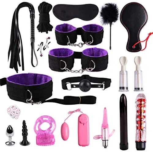 Chinaware T-Shirt 19PCS Adult Handcuffs Bed Straps Set Kit,Whip Rope Suit