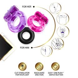 Cock Ring Set – 2 Vibrating Cock Rings w. Clit Stimulator & 1 Standard Penis Ring – Erection Enhancing Sex Toy for Men and Couples