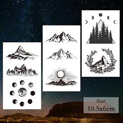 22 Sheets Mountain Temporary Tattoos Stickers, Including Fake Tattoos Waterproof Fake Black Geometry Sun Star Moon Tree Triangle Sea Wave Tattoos, Semi Permanent Tattoos for Adult and Kids