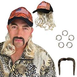 Tiger King Costume Set - Joe Exotic Cosplay - Blonde Wig with Hat, Clip Earrings, and Mustache - Fits Kids and Adults