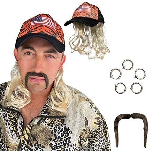 Tiger King Costume Set - Joe Exotic Cosplay - Blonde Wig with Hat, Clip Earrings, and Mustache - Fits Kids and Adults