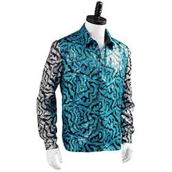 Mens Tiger King Shirt Joe Exotic Shiny Sequins Button Down Dress Shirt S Blue