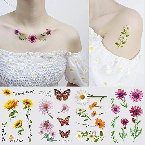 13 Sheets Daisy Sun Flower Tattoo, Butterfly Temporary Tattoo Sticker for Women Lady Girls, Body Art on Arm Shoulder Wrist Face Clavicle 13 Sheets Daisy Sun Flower Tattoo, Butterfly Temporary Tattoo Sticker for Women Lady Girls, Body Art on Arm Shoulder Wrist Face Clavicle
