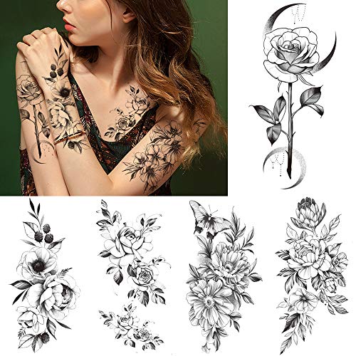 10 Sheets Large 3D Flower Temporary Tattoo, Rose Peony Petal Leaf Sketch Fake Tattoo Sticker for Women Lady Girls, Waterproof Body Art on Arm Shoulder Wrist Clavicle