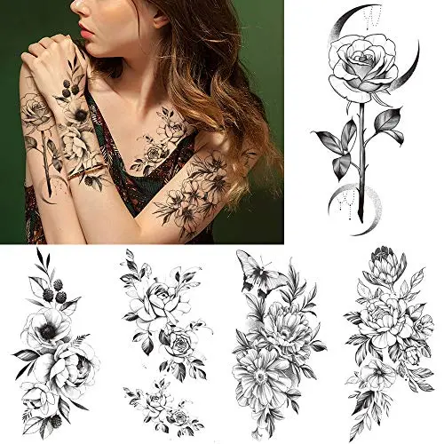 10 Sheets Large 3D Flower Temporary Tattoo, Rose Peony Petal Leaf Sketch Fake Tattoo Sticker for Women Lady Girls, Waterproof Body Art on Arm Shoulder Wrist Clavicle 10 Sheets Large 3D Flower Temporary Tattoo, Rose Peony Petal Leaf Sketch Fake Tattoo Sticker for Women Lady Girls, Waterproof Body Art on Arm Shoulder Wrist Clavicle