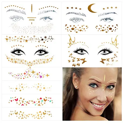 10 Sheets Face Tattoos Sticker, Freckle Sticker and Face Metallic Temporary Tattoo for Women