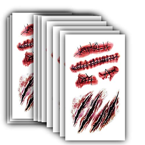 10pcs Horror Realistic Fake Bloody Wound Stitch Scar Scab Waterproof Temporary Tattoo Sticker Halloween Masquerade Prank Makeup Props (10)