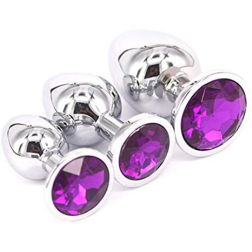 Eastern Delights 3 Pcs Jewelry Anal Plug Steel Metal Butt Plated Plug with Penis Condom, Purple