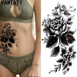 VANTATY 8 Sheets Petal 3D Black Flower Rose Temporary Tattoos For Women Waterproof Fake Body Art Arm Sketch Tattoo Stickers For Girls Shoulder Arm Leaf Tatoo Adults Beauty.