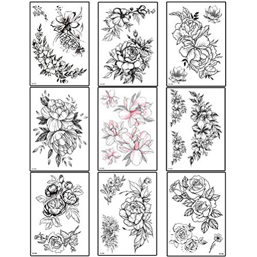 pengxiaomei 9 pcs Flowers Temporary Tattoos, Waterproof Sexy Temporary Tattoos Fake Body Art Arm Sketch Tattoo Stickers For Girls Shoulder Arm Leaf Tatoo Adults Beauty