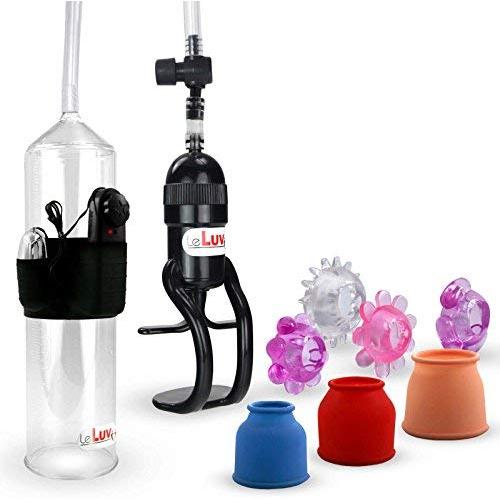 LeLuv Vacuum Pump Vibrating Male Enhancement Bundle with 3 Sleeve Sizes and 4 Stretchy Jelly Cock Rings