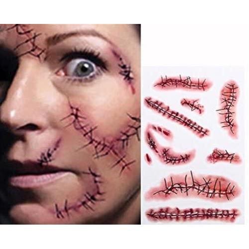 Tinuos Horror Realistic Fake Bloody Wound Stitch Scar Scab Waterproof Temporary Tattoo Sticker Halloween Masquerade Prank Makeup Props-5PC