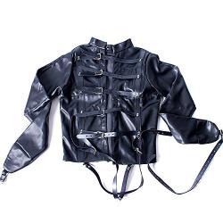 Sexy Leather Bondage Jacket Restraint Suit - Forced Binding Clothing Restriction Neck Sleeves Finger Binding Leather Body Harness Lockable Adjustable Adult Sex Toys Fetish Costume