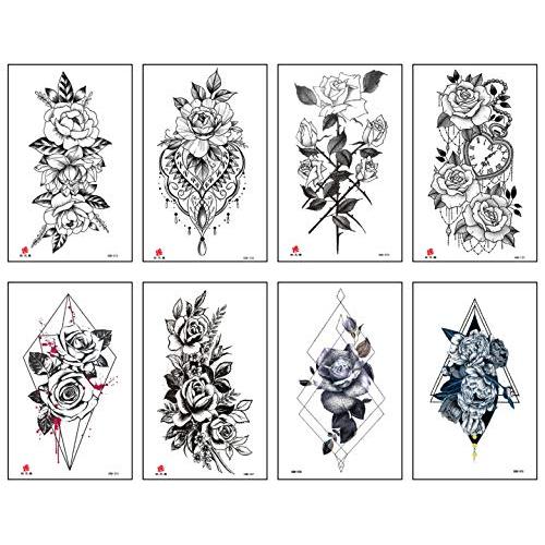 Lekkas Women Temporary Tattoos Sexy Blossom Fake Tattoos for Girls Waterproof Body Art stickers Black Removal Flowers Tatuajes Pack of 8 Sheets