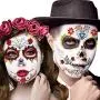 Day of the Dead Face Tattoos, 12 Sheets Halloween Sugar Skull Temporary Costume Makeup Tattoo kit, Floral Black Skeleton Web Red Roses Stickers Decor for Women Men Adult Kids Party Favor gift