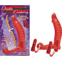 5.75" Double Penetrator Vibrating Ultimate Cock Ring and Anal Probe with Two Removable Bullets for Over-all Stimulation! (Red)