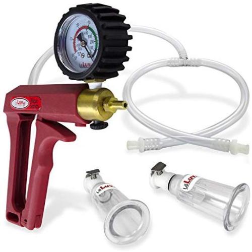 LeLuv Vacuum Pump Maxi Red Handle with Rubber Protected Gauge Natural Body Enhancement Nipple Suction Cups Medium