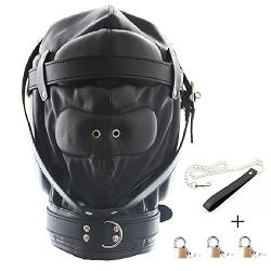 Leather Bondage Gimp Mask Hood, Black Full Face Blindfold Breathable Restraint Head Hood, Sex Toys, for Unisex Adults Couples, BDSM/LGBT Cosplay Restraint Training Toy Mask