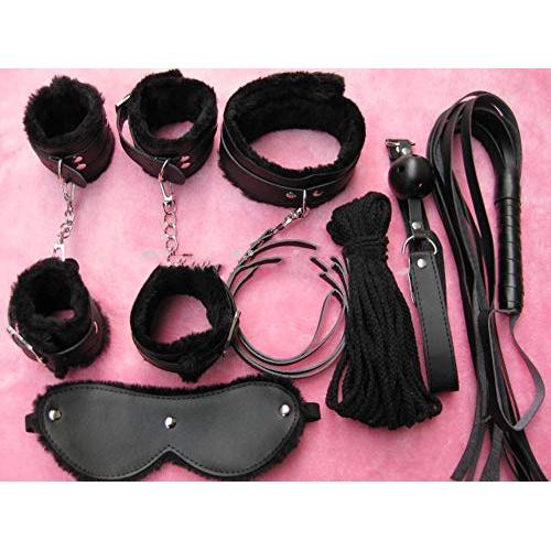 Black 7pcs Set Funny Bandage Hand Cuffs Flirt Toys Privacy Games Lash,Funny Toy,Funny Products Double PU with Plush