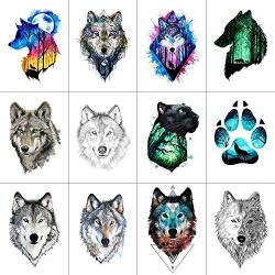 WYUEN 12 PCS/lot Wolf Temporary Tattoo Sticker for Women Men Fashion Body Art Adults Waterproof Hand Fake Tatoo 9.8X6cm FW12-01 (Wolf1)