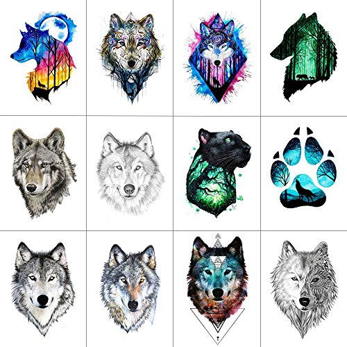 WYUEN 12 PCS/lot Wolf Temporary Tattoo Sticker for Women Men Fashion Body Art Adults Waterproof Hand Fake Tatoo 9.8X6cm FW12-01 (Wolf1)