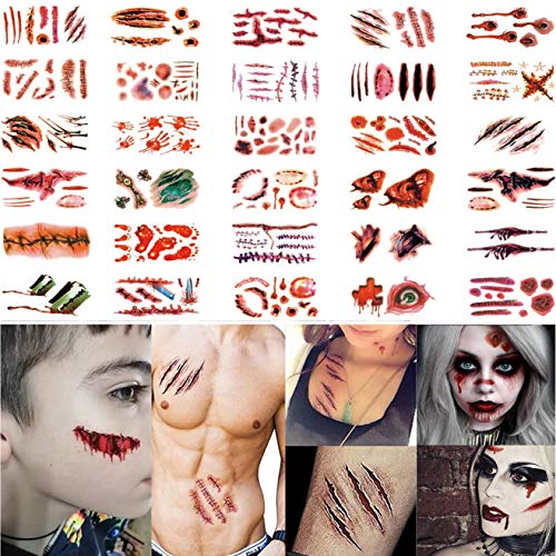 Halloween 30 Sheet Temporary Face Tattoo Decals Sticker 3D Zombie Scar Fake Bloody Wound for Cosplay Party Halloween Waterproof Masquerade Prank Prop Decorations Makeup for Women Men kids