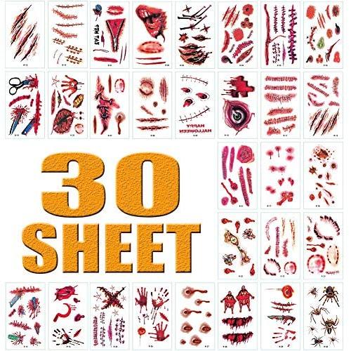 Halloween Zombie Scar Tattoo Sticker, 30 Sheets Waterproof Temporary Realistic Fake Bloody Wound Tattoos for Halloween Vampire Makeup, Cosplay and Masquerade Party