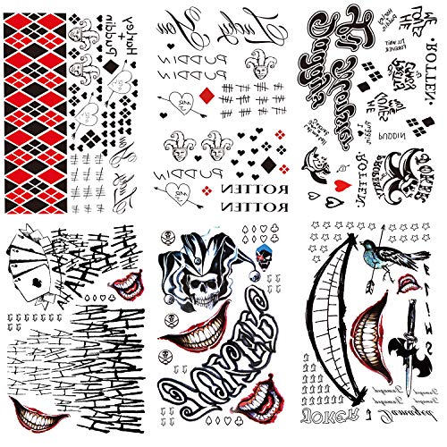 Leoars Joker Tattoo Stickers, 3-Sheet Harley Quinn Temporary Tattoos and 3-Sheet Fake Joker Suicide Squad Tattoos for Adult Men Women Kids Halloween Costume Cosplay Parties Accessories