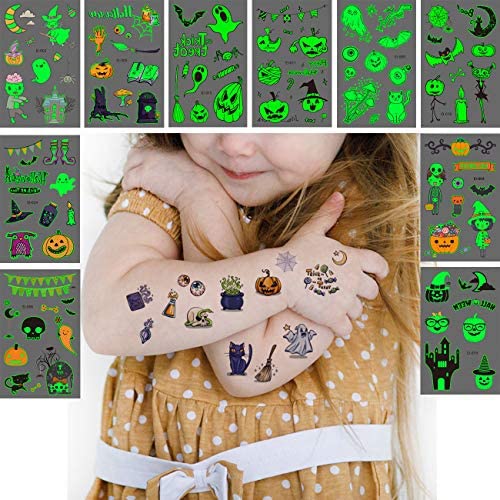 Luminous Halloween Temporary Tattoos for Kids，10 Sheet Temporary tattoo Stickers Spider Ghost Pumpkin Black Cat Decorations for Adult and Kids Gift, Halloween Fake Tattoos Glow Stickers for Dance Party Favors.