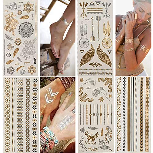 Temporary Tattoos,Metallic,5 Large Sheets Gold Silver Glitter, by WffDirect,80+ Color Flash Fake Waterproof Tattoo Stickers-For Adults or Kids