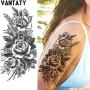 VANTATY 10 Sheets 3D Big Rose Peony Flower Girls Temporary Tattoos For Women Waterproof Black Tattoo Stickers 3D Blossom Lady Shoulder Tatoos Leaf DIY Costom Sexy Arm Chains Pattern.